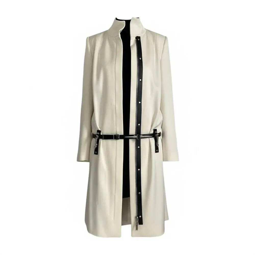 Anthony Vaccarello Hardcore Spike White Midi Coat size FR 36 Black Leather Belt